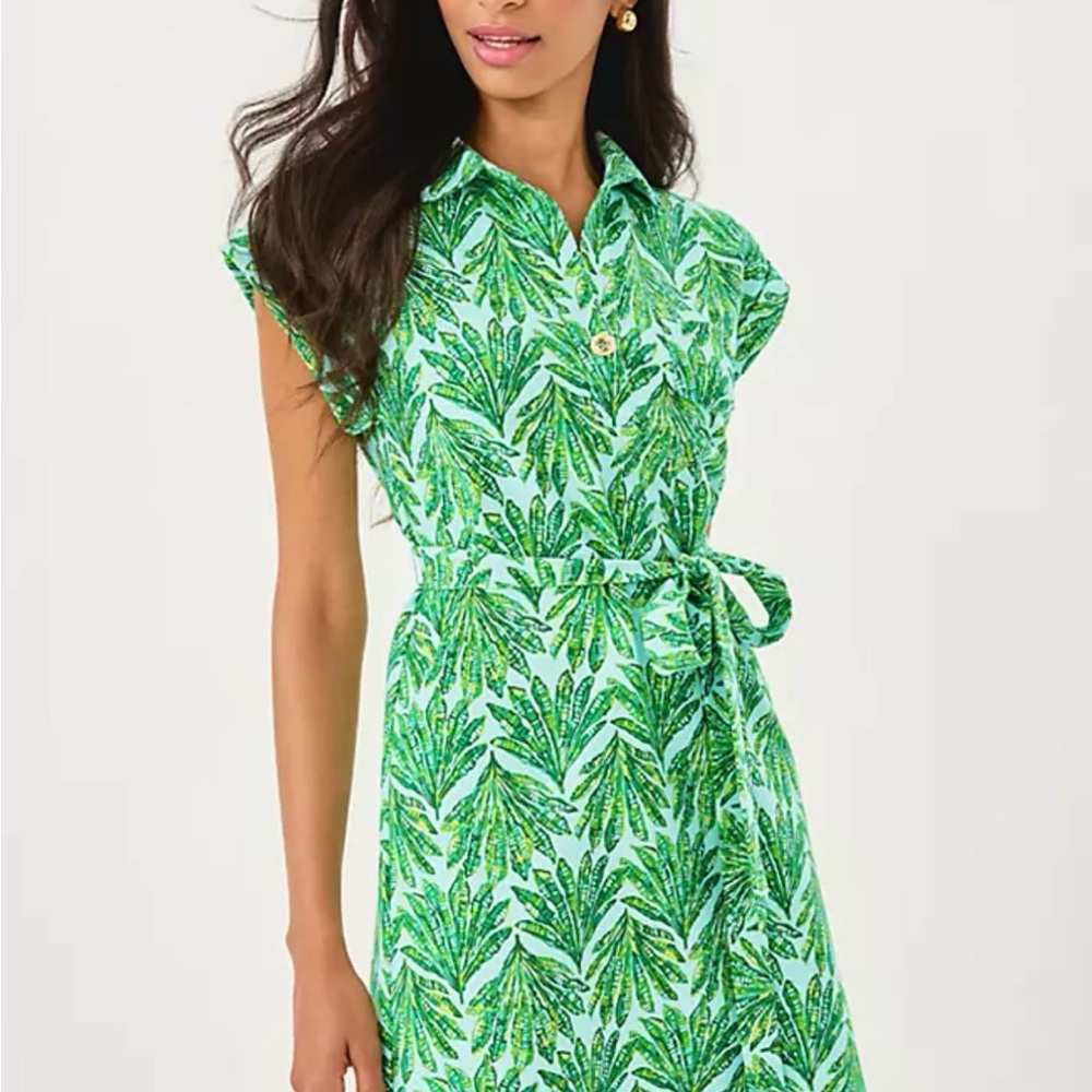 EMERSYN DRESS. Green Leaf-Print Shirt Dress with Tie Waist Large NWT.